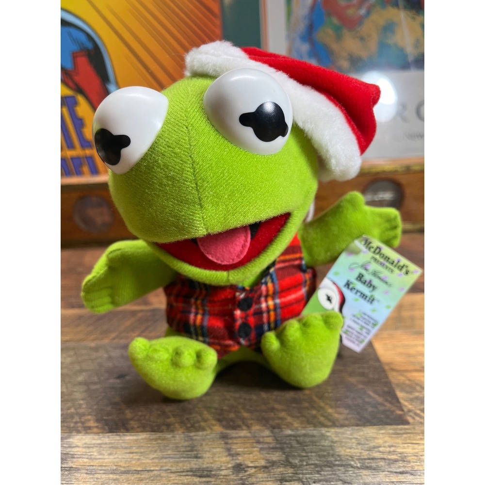 Vintage 1988 McDonalds Muppet Babies Baby Kermit Plush Christmas Santa Hat Tag